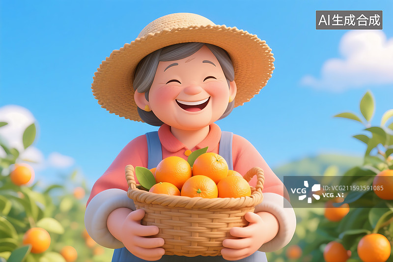 【AI数字艺术】3D三维立体C4D农业女性农民老年人丰收抱着一箩筐橙子橘子图片素材