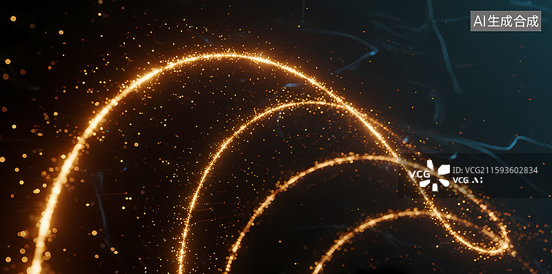 【AI数字艺术】金色光轨在黑暗中流动图片素材