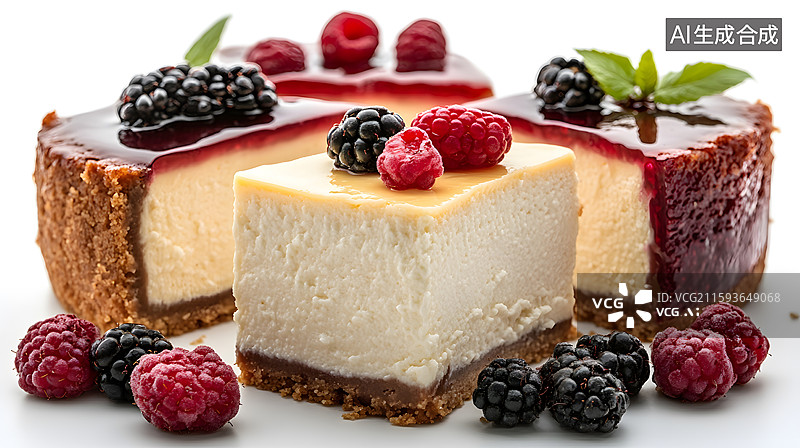 【AI数字艺术】美味芝士蛋糕配新鲜浆果图片素材