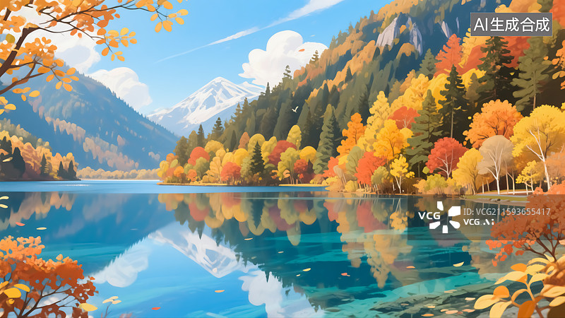 【AI数字艺术】秋天山水森林湖泊风景插画图片素材