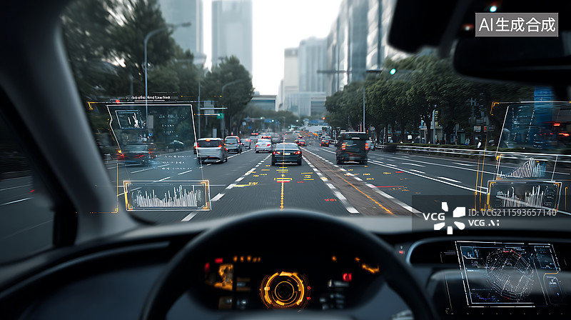 【AI数字艺术】行驶的智能汽车车内视角图片素材