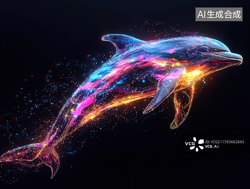 【AI数字艺术】海豚深色背景发光粒子和纤细的流动光带的海豚五彩流光图片素材