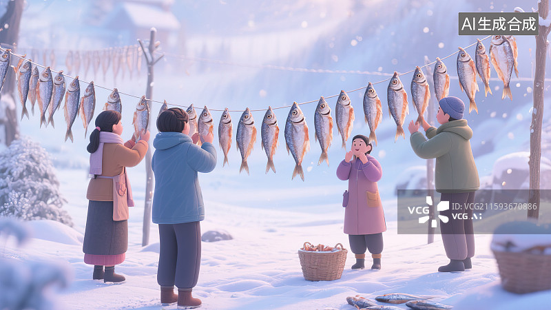 【AI数字艺术】晾晒生鱼干小雪节气沿海水乡地区传统习俗秋冬季节下雪3D三维立体卡通插画创意生活场景农村雪地图片素材