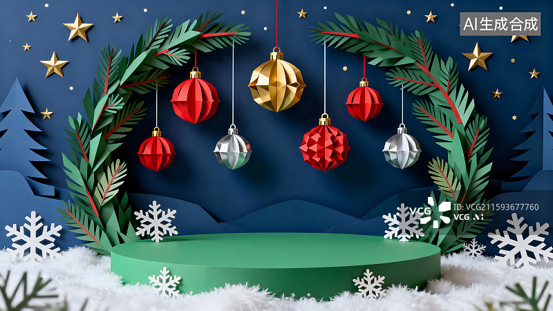 【AI数字艺术】圣诞主题展示台与节日装饰图片素材