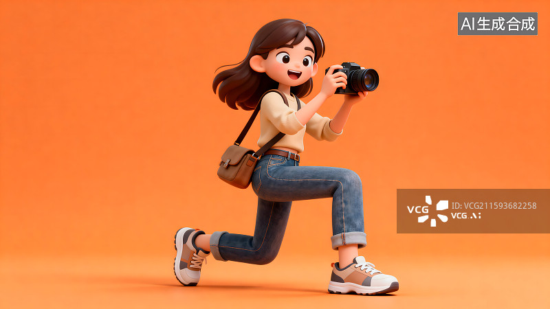 【AI数字艺术】卡通女孩动态拍照瞬间图片素材