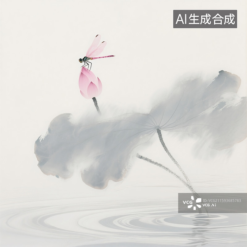 【AI数字艺术】水墨画，粉色荷花上立着一只粉色蜻蜓，淡灰色烟雾缭绕着荷叶的虚影，拉出虚影线条，朦朦胧胧图片素材