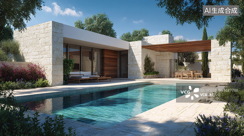 【AI数字艺术】现代石砌别墅泳池庭院图片素材