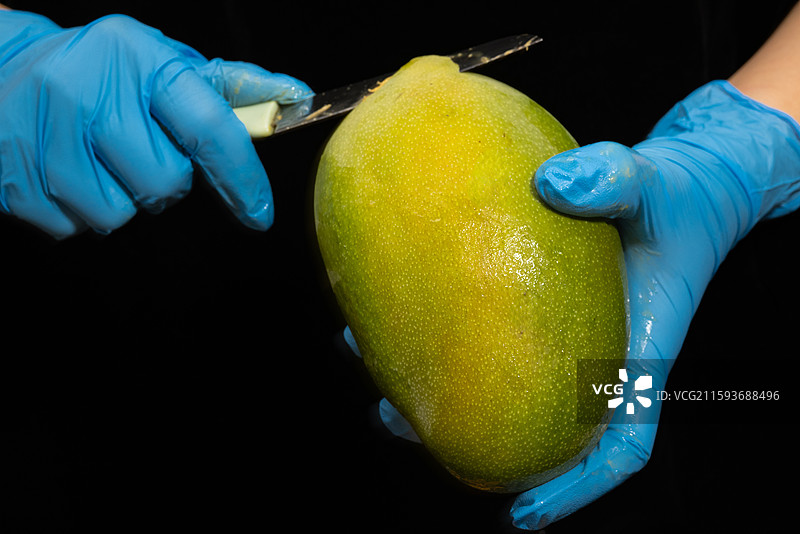 戴蓝色手套的手正在用刀切芒果图片素材