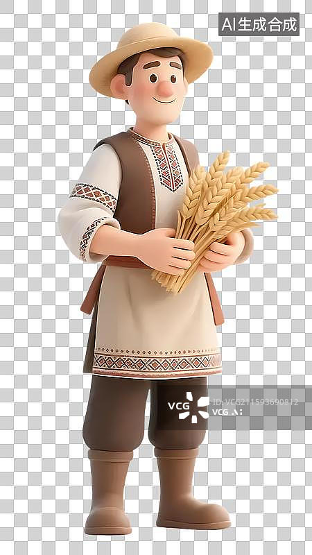 【AI数字艺术】AIGC：3D卡通农民喜悦的抱着丰收的麦子图片素材