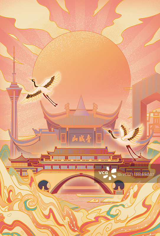 成都城市印象安顺廊桥九眼桥熊猫塔宽窄巷子青城山宣传文旅国潮风插画图片素材