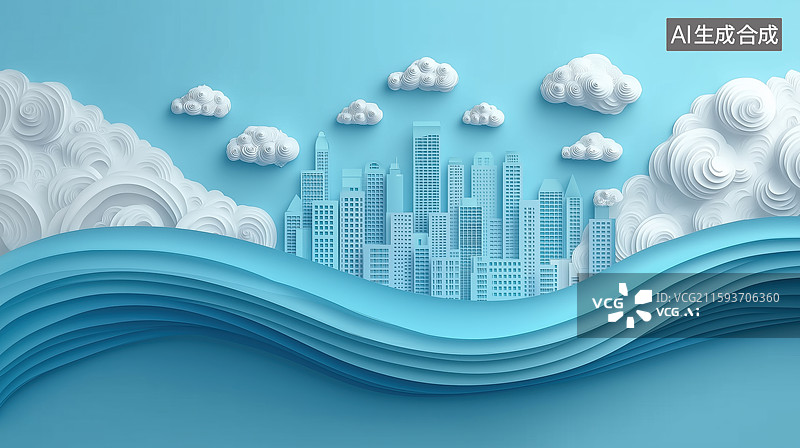 【AI数字艺术】纸艺风格城市与云海景观图片素材
