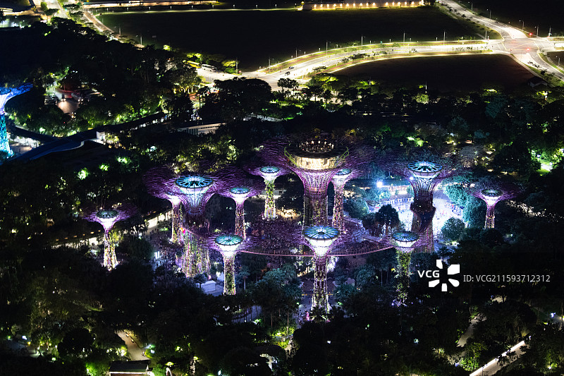金沙空中花园夜景，滨海湾花园擎天树图片素材