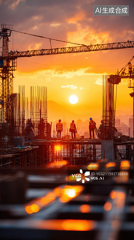 【AI数字艺术】夕阳下建筑工地剪影图片素材