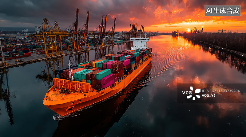 【AI数字艺术】集装箱船在港口日落时分图片素材