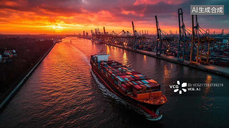 【AI数字艺术】集装箱船驶入港口日落时分图片素材