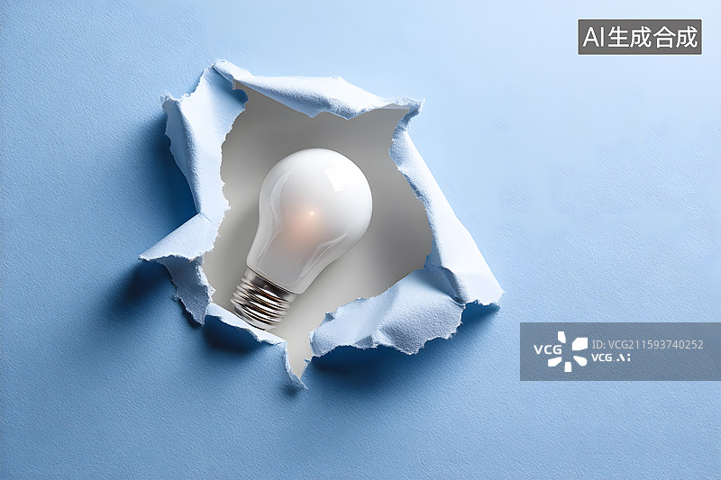 【AI数字艺术】破碎的纸张露出一只灯泡图片素材