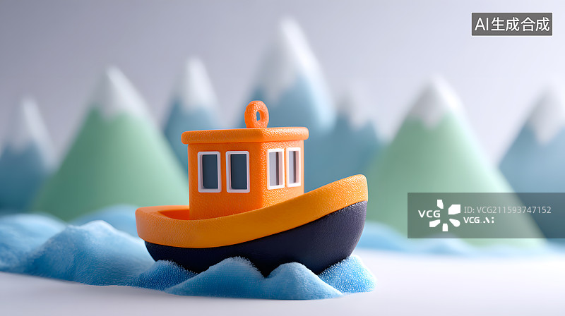 【AI数字艺术】水面上一艘可爱的卡通小船图片素材