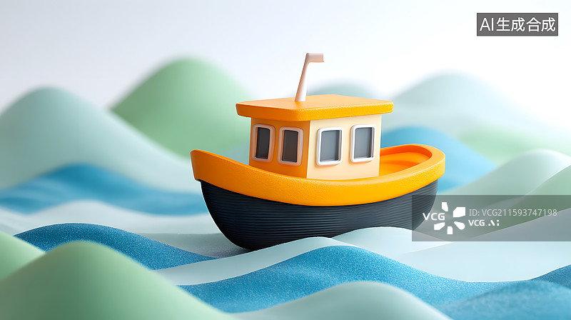 【AI数字艺术】水面上一艘可爱的卡通小船图片素材