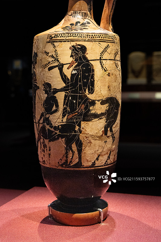 上海世博会博物馆希腊人从阿伽门农到亚历山大黑绘陶瓶 490-480BC 出土自埃雷特利亚 阿喀琉斯图片素材