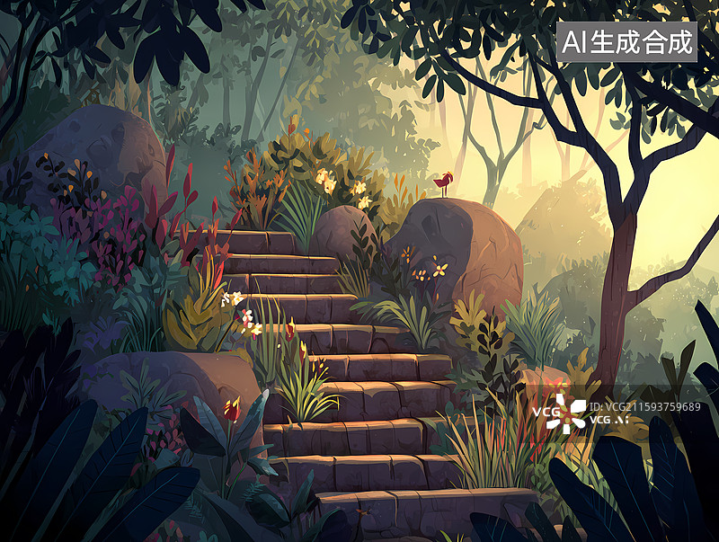 【AI数字艺术】卡通奇幻风格植物花园图片素材