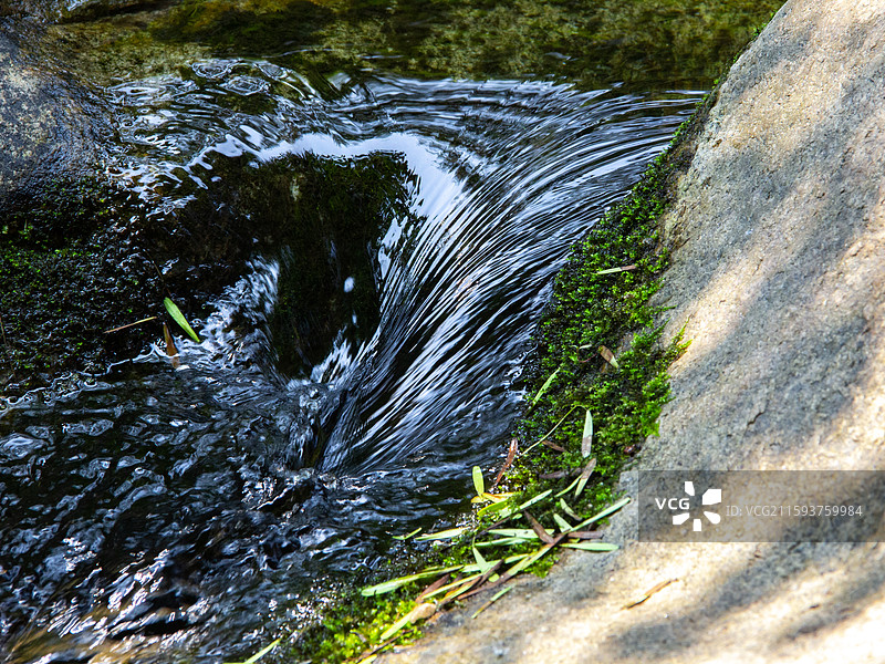 山石旁的溪流旋涡特写图片素材