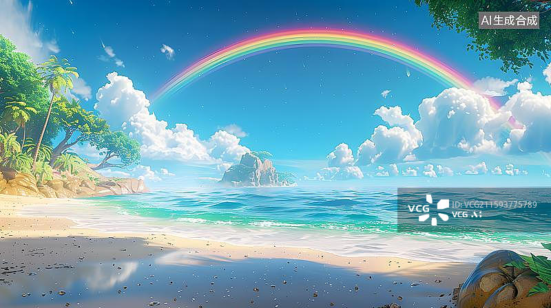 【AI数字艺术】海边彩虹风景插画 晴朗海滩彩虹插画   夏日海滩梦幻彩虹插画   彩虹 海浪 沙滩图片素材