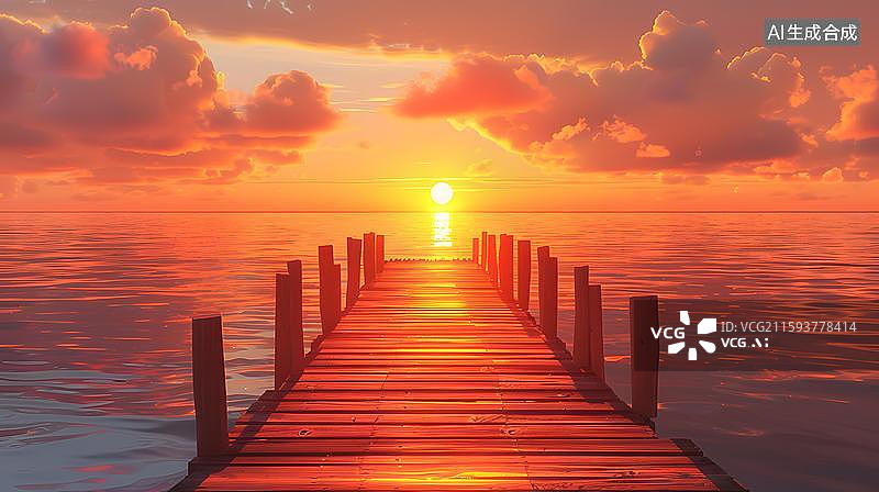 【AI数字艺术】海上日出栈桥风景 朝霞映海木栈道   通往梦幻日出的栈桥   木栈道日出自然风光  金色夕阳下的宁静图片素材