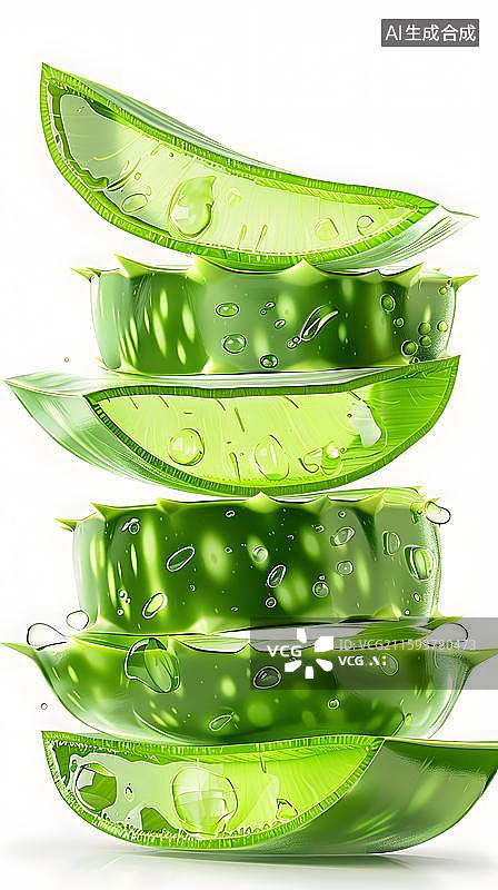 【AI数字艺术】芦荟背景图   新鲜芦荟切片特写 水润芦荟叶层层叠放  鲜嫩的芦荟和芦荟汁，美容护肤海报元素图片素材