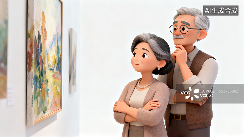 【AI数字艺术】时尚亚洲老年夫妇站在虚拟画作前享受美术馆参观思考姿态欣赏文化和退休生活的3D卡通插画风图片素材