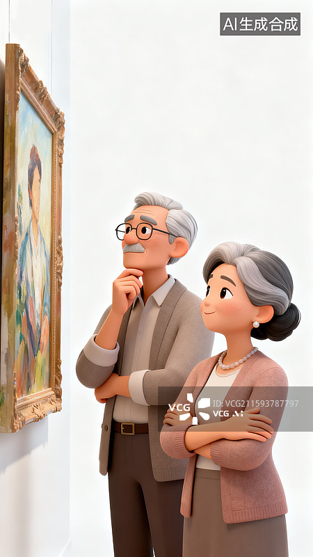 【AI数字艺术】时尚亚洲老年夫妇站在虚拟画作前享受美术馆参观思考姿态欣赏文化和退休生活的3D卡通插画风图片素材