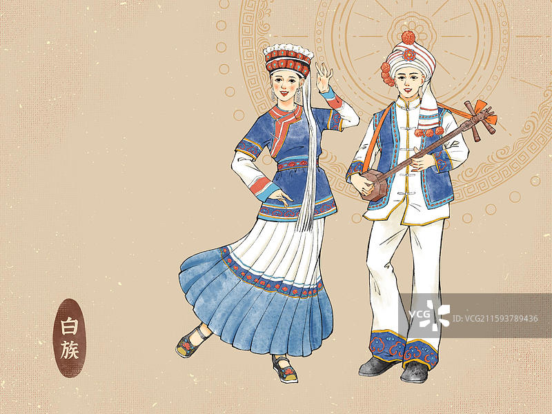 男女双人56民族，白族侗族瑶族与吉林省延边朝鲜族自治州朝鲜族图片素材