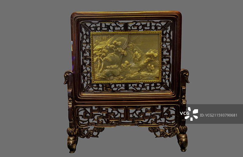 江苏省镇江市英国领事馆旧址“镇江的佛教文化”：红木座嵌玉雕乾隆御题金山图插屏（清，1974年收购）图片素材