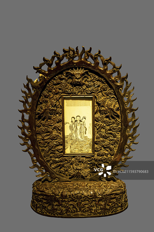 英国领事馆旧址“镇江的佛教文化”：红木座嵌牙雕于硕刻西方三圣图插屏（民国，焦山古物馆移交）图片素材