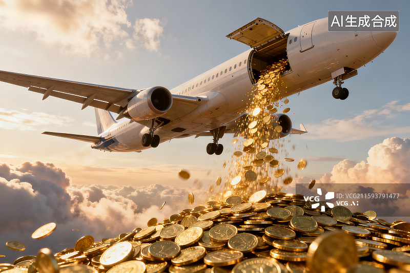 【AI数字艺术】飞机倾泻金币象征财富图片素材