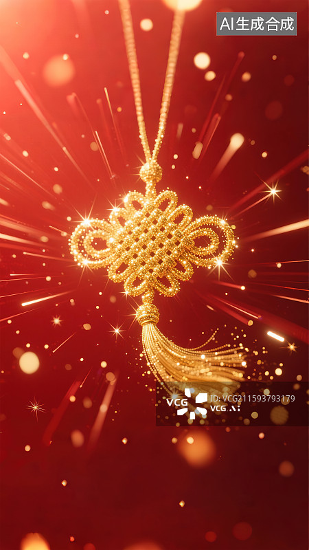 【AI数字艺术】金色发光粒子抽象中国结图案大红色正红色背景 新年跨年春节除夕国庆节热烈喜庆大气背景中心构图动感飘动图片素材