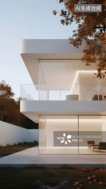 【AI数字艺术】私家别墅露天庭院3D渲染建筑模型写实摄影风格场景复式小楼落地窗秋季落叶现代简约高雅傍晚无人户外台阶图片素材