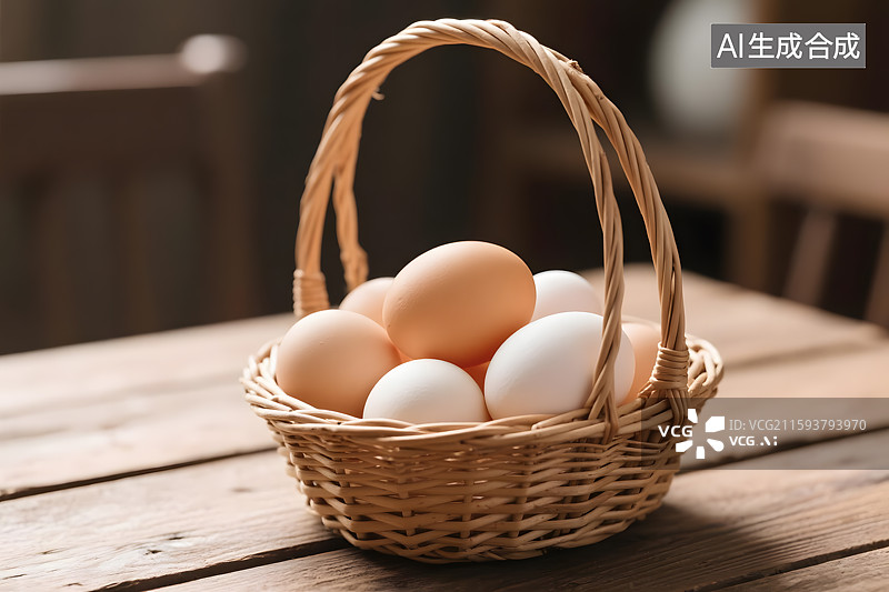 【AI数字艺术】木桌上的鸡蛋篮图片素材