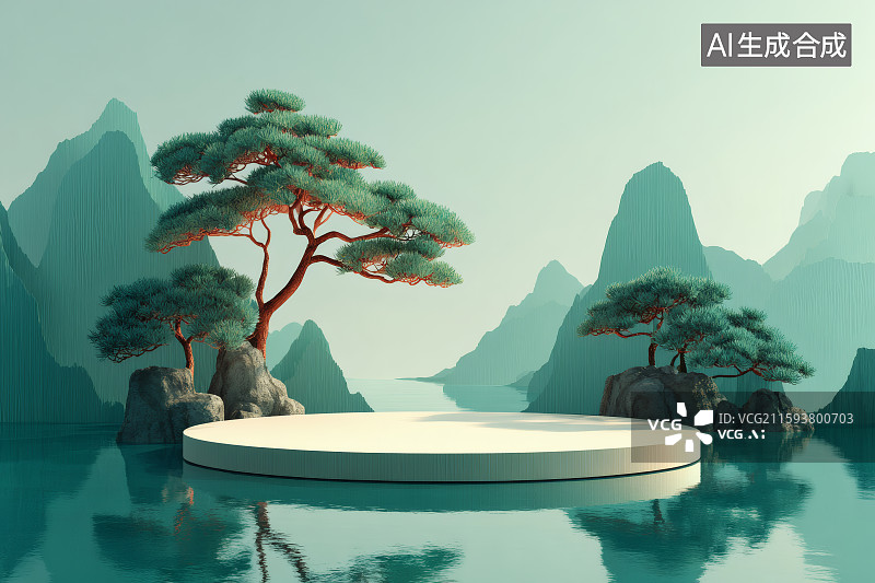 【AI数字艺术】中式风格，白色圆形的展台，绿水青山，挺拔的松树图片素材