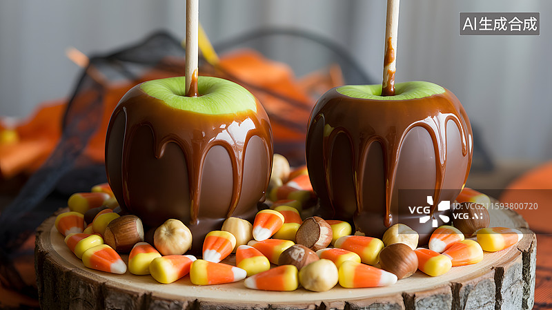 【AI数字艺术】万圣节主题糖衣苹果与糖果摆盘图片素材