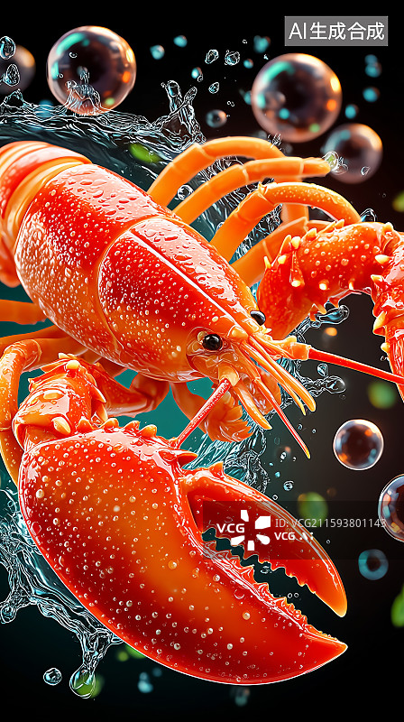【AI数字艺术】红色龙虾溅水特写图片素材