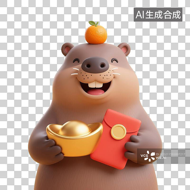 【AI数字艺术】3D渲染卡通动物，水豚，卡皮巴拉，拿着红包和金元宝，赚钱，购物节促销，优惠券，免抠元素图片素材