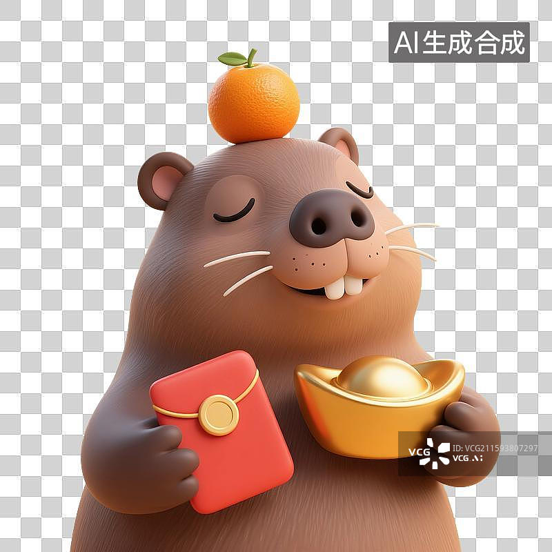 【AI数字艺术】3D渲染卡通动物，水豚，卡皮巴拉，拿着红包和金元宝，赚钱，购物节促销，优惠券，免抠元素图片素材