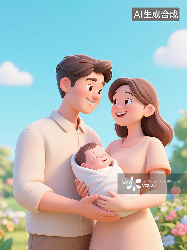 【AI数字艺术】3D立体三维C4D抱着熟睡婴儿的青年伴侣夫妇幸福家庭图片素材