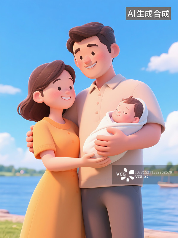 【AI数字艺术】3D立体三维C4D抱着熟睡婴儿的青年伴侣夫妇幸福家庭图片素材