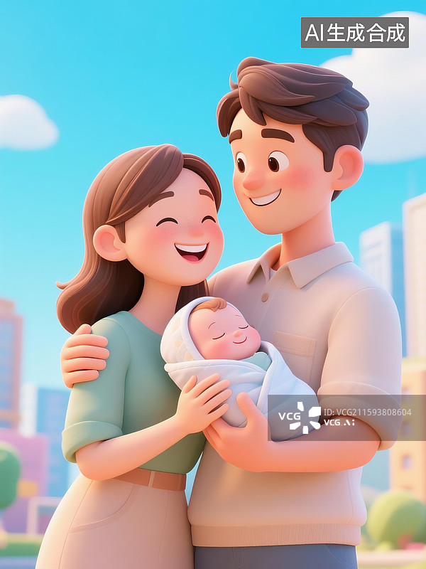 【AI数字艺术】3D立体三维C4D抱着熟睡婴儿的青年伴侣夫妇幸福家庭图片素材