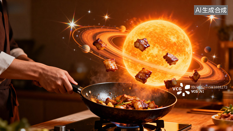 【AI数字艺术】炒锅中飞出的肉块环绕太阳图片素材