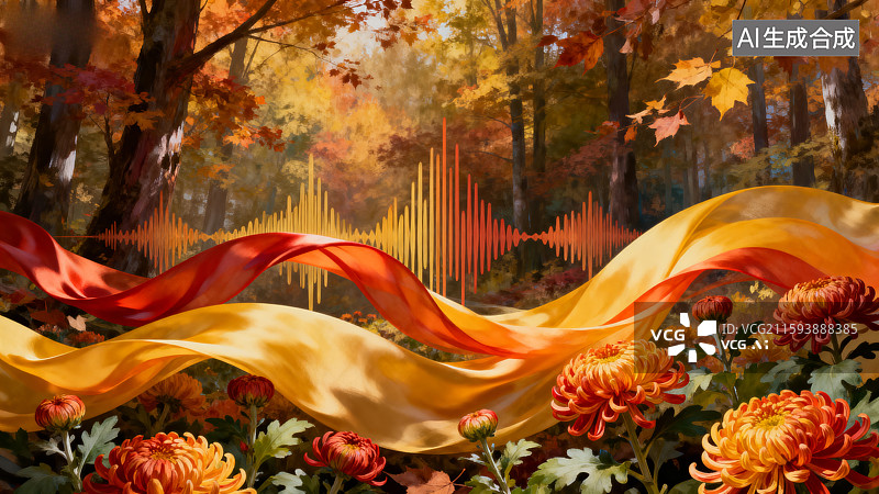 【AI数字艺术】秋林彩带与菊花图片素材
