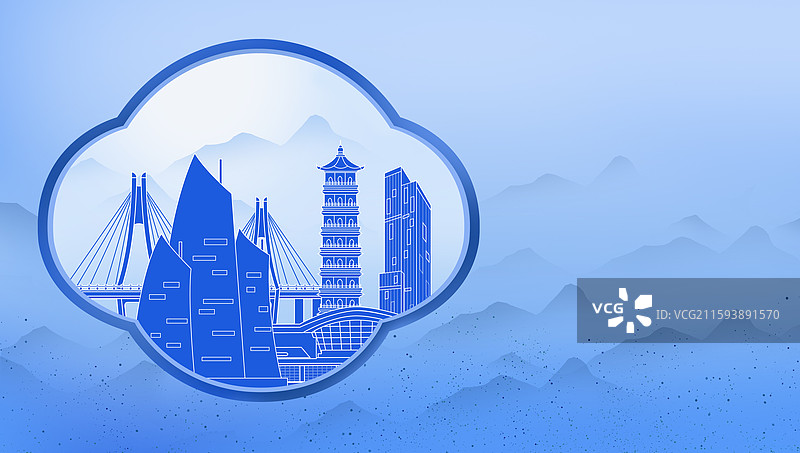 湛江蓝色青花瓷古典山水画淡雅山峰窗户景观城市图片素材