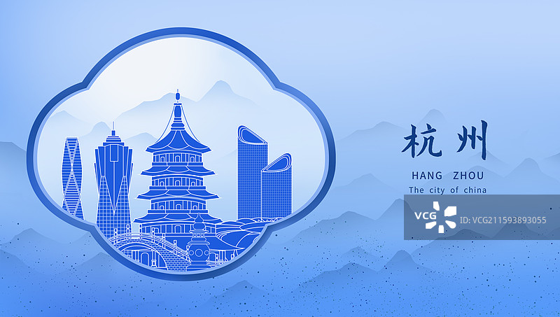 杭州蓝色青花瓷古典山水画淡雅山峰窗户景观城市图片素材