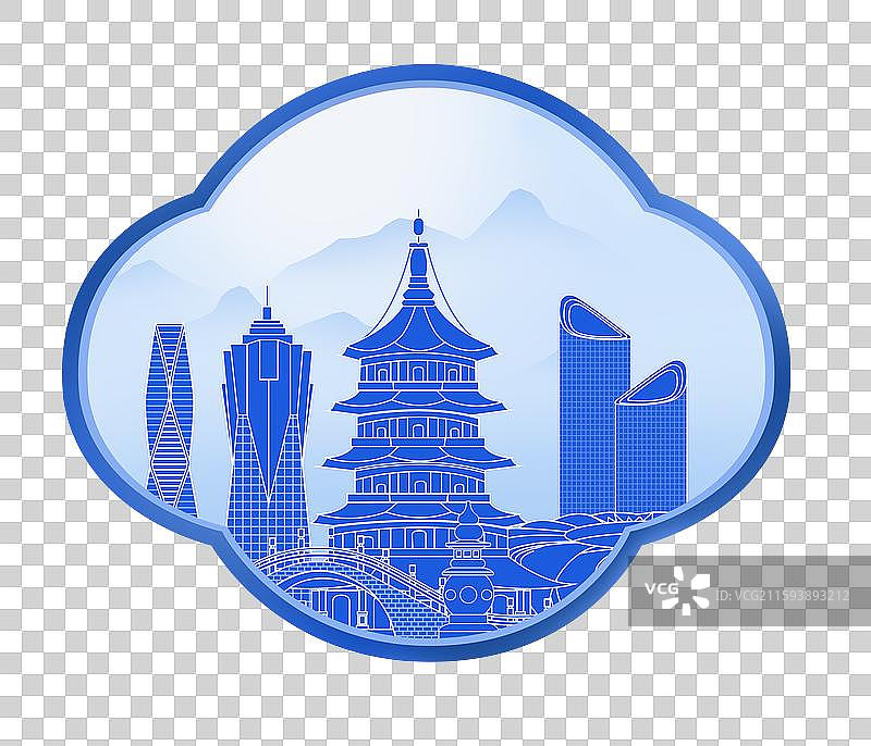 杭州蓝色青花瓷古典山水画淡雅山峰窗户图片素材